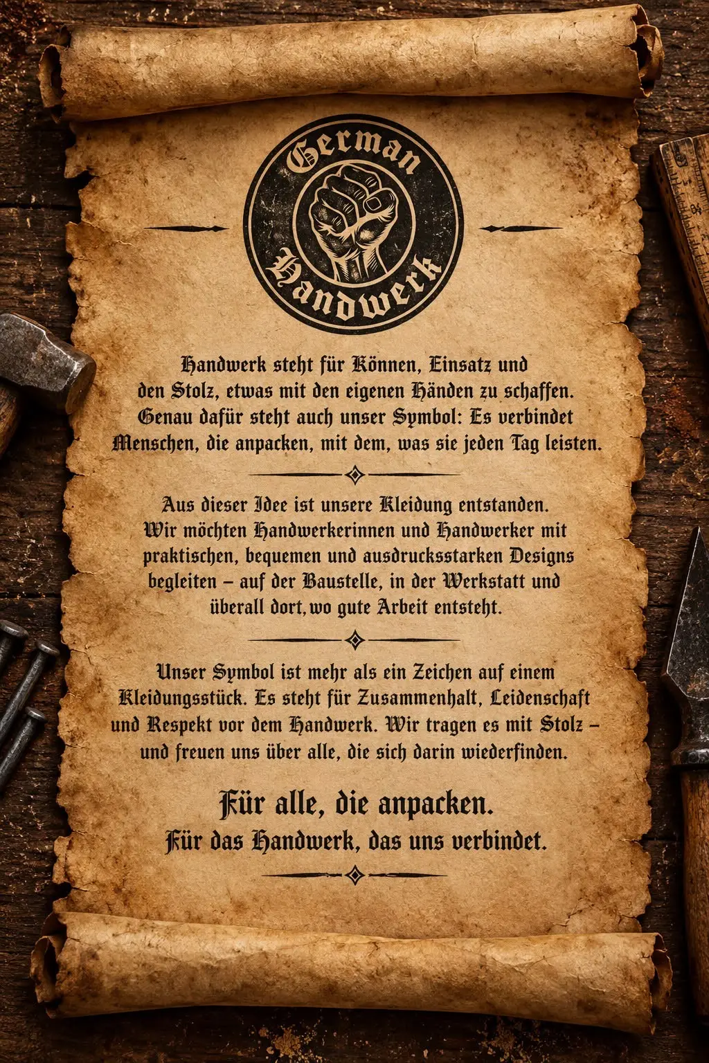 Eine Pergamentrolle auf einer Holzwerkbank, daneben Hammer, Nägel und ein Zollstock. Oben das Zeichen von German Handwerk, darunter die Geschichte der Marke in gebrochener Schrift. Der Wortlaut folgt im Text dieser Einblendung.